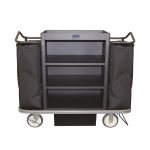 Royal Basket Deluxe Metal Housekeeping Cart, 3 Shelf / 2 Bags - Vacuum Bar and Glass Rack, Black